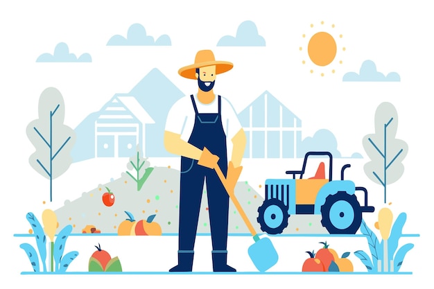 A cheerful farmer stands with his tool near pumpkins and a tractor