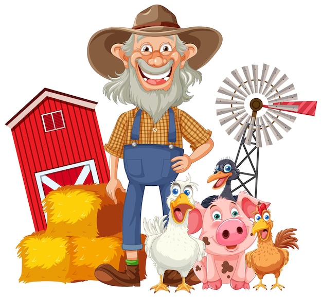 Cheerful Farmer with His Barnyard Friends