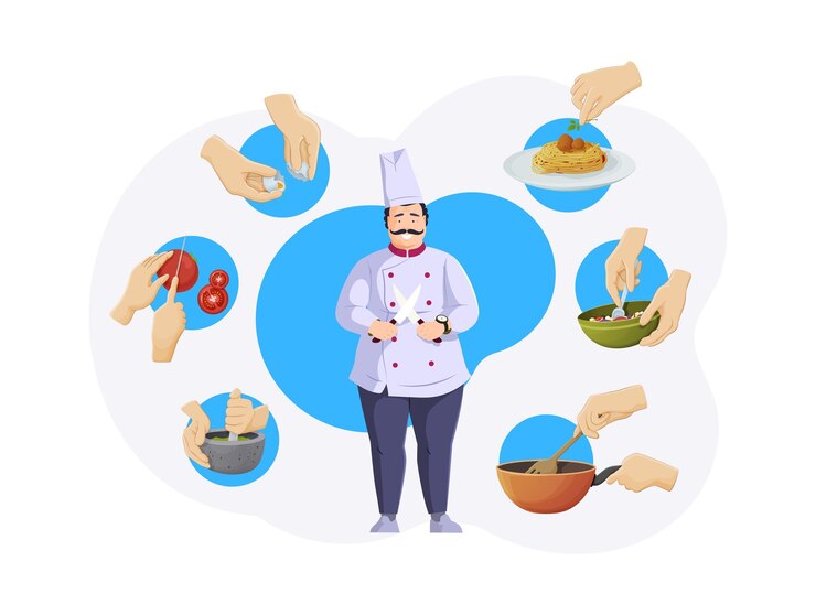 Vector cheerful female chef holding platter with roasted chicken