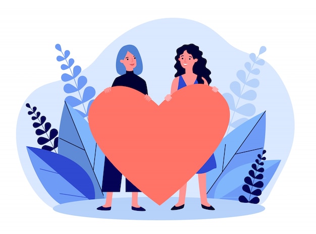 Vector cheerful female gay couple holding red heart