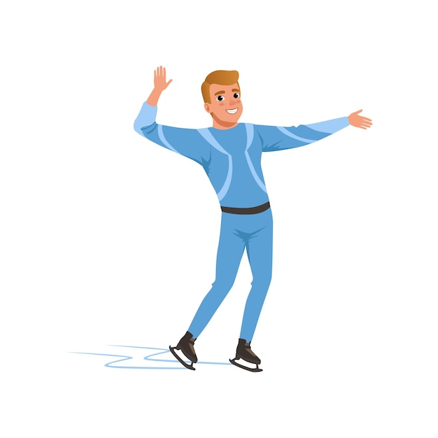 Cheerful figure skater man in blue costume skating male athlete practicing at indoor skating rink vector Illustration on a white background