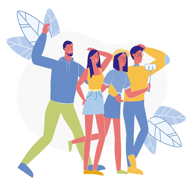 Vector cheerful friends take selfie vector illustration