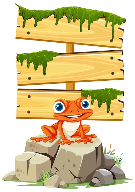 Vector cheerful frog on a mossy wooden sign