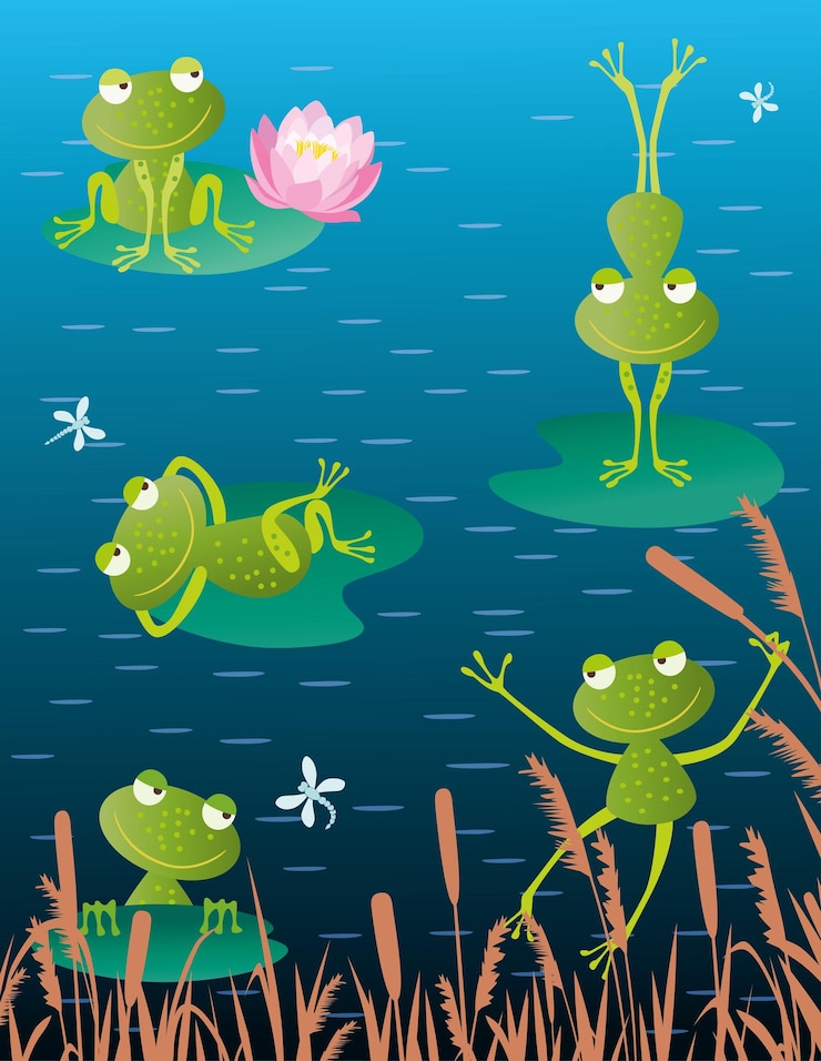 Vector cheerful frogs on the lake