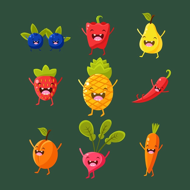 Vector cheerful fruit and vegetables illustration set