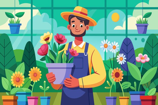 Vector a cheerful gardener with a hat poses with potted tulips