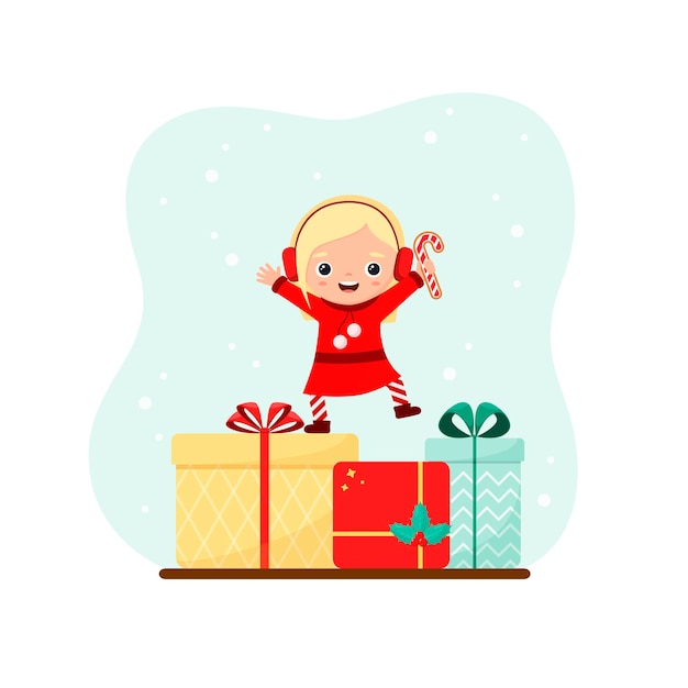 Веселая девушка в костюме конфеты с рождественскими подарками. Открытка. Плоский дизайн.