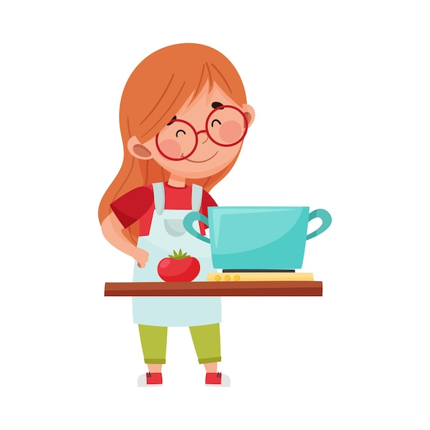 Cheerful Girl Character in Hat and Apron Standing at Kitchen and Cooking Soup Vector Illustration