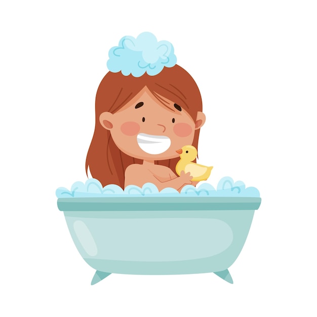 Cheerful girl taking a bath sitting in bathtub and playing with yellow duck vector illustration