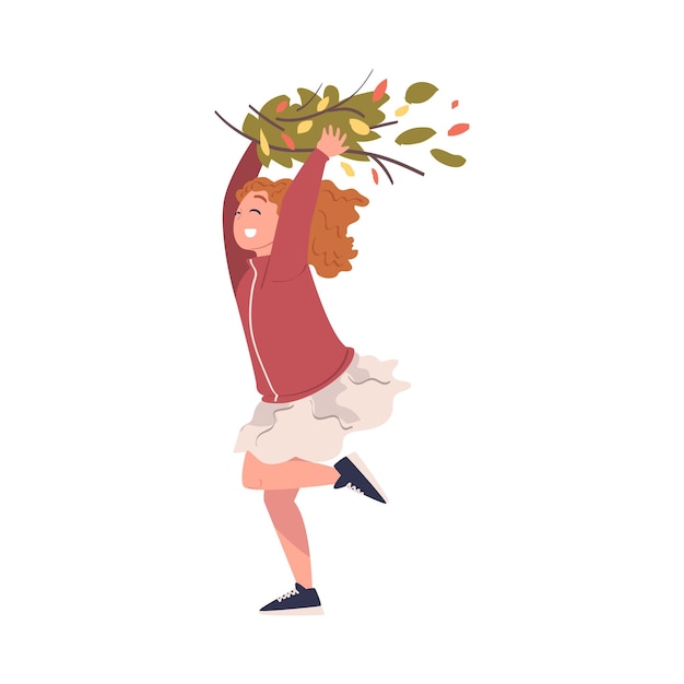 Cheerful Girl Volunteer Cleaning Carrying Pile of Foliage and Running Vector Illustration