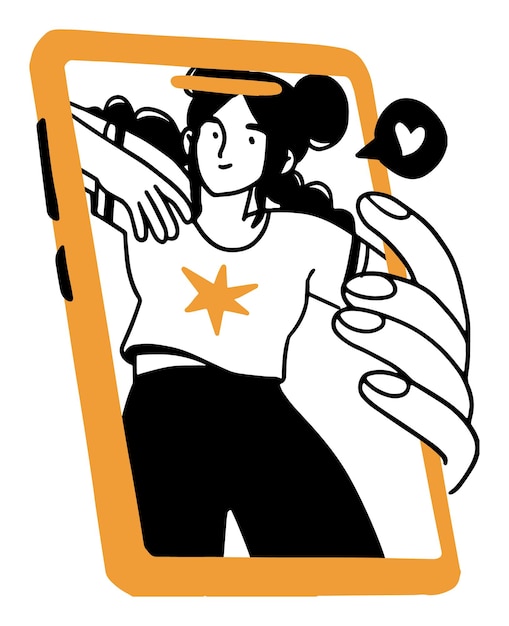 Vector cheerful girl with heart symbol in orange frame