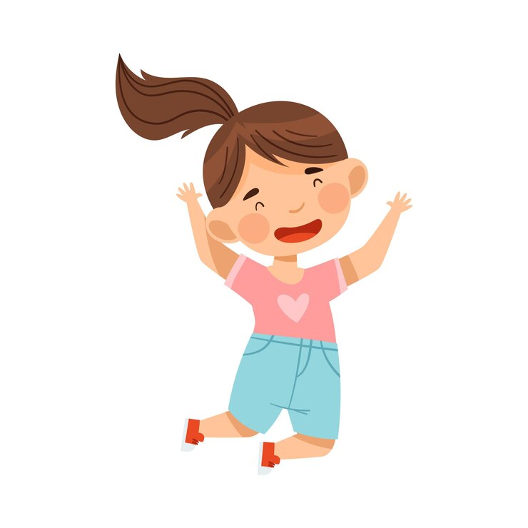 Vector cheerful girl with ponytail jumping with joy and excitement vector illustration