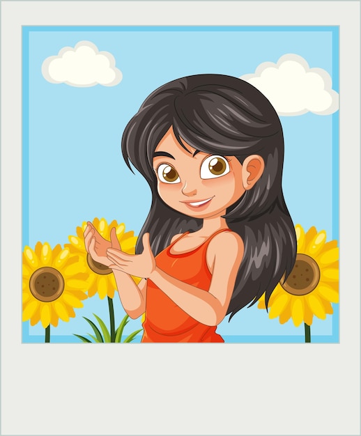 Vector cheerful girl with sunny sunflowers