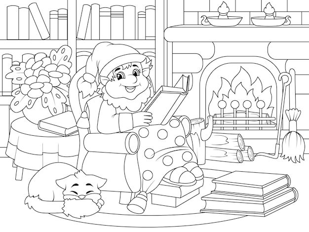 Cheerful gnome is reading a book in an armchair Cozy room library Vector page for printable children coloring book