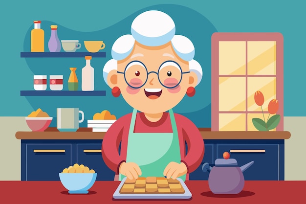 A cheerful grandma presents freshly baked cookies inside a warm kitchen