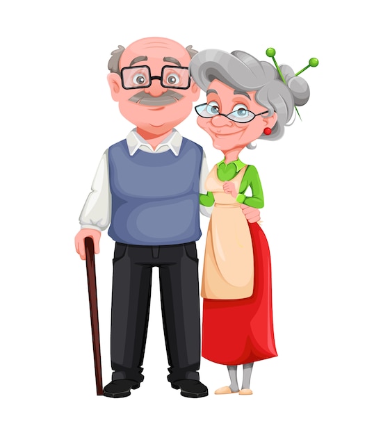 Cheerful grandmother and grandfather cartoon characters