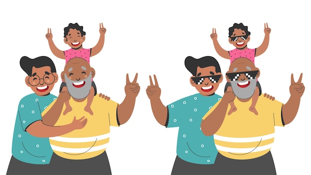 Vector cheerful grandson sitting shoulder of grandfather with man standing together in two images against white background