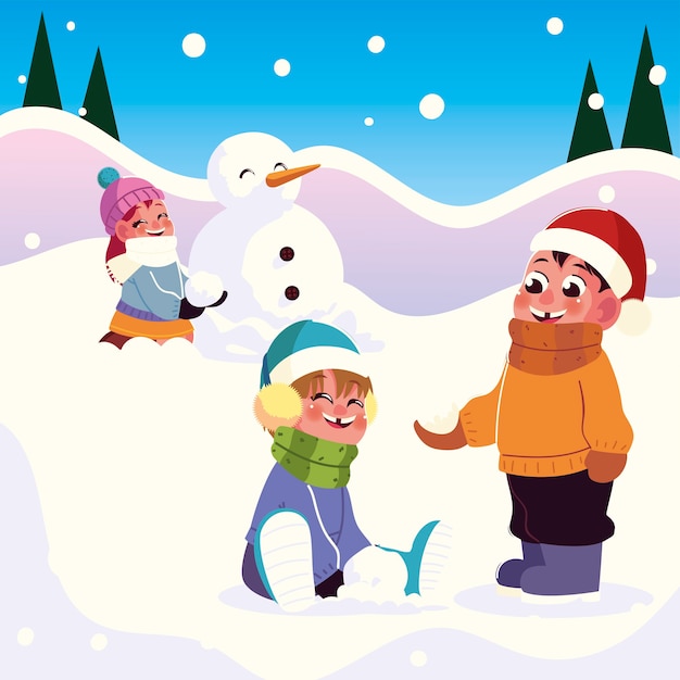 Cheerful group girls and boys playing with snow vector illustration