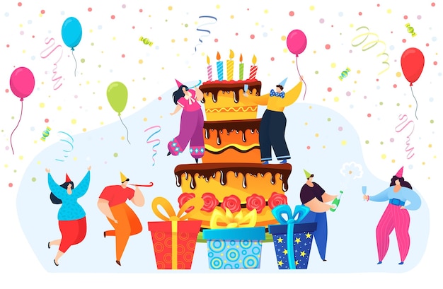 Vector cheerful group of people together celebrate birthday party tiny character dancing holiday cake flat