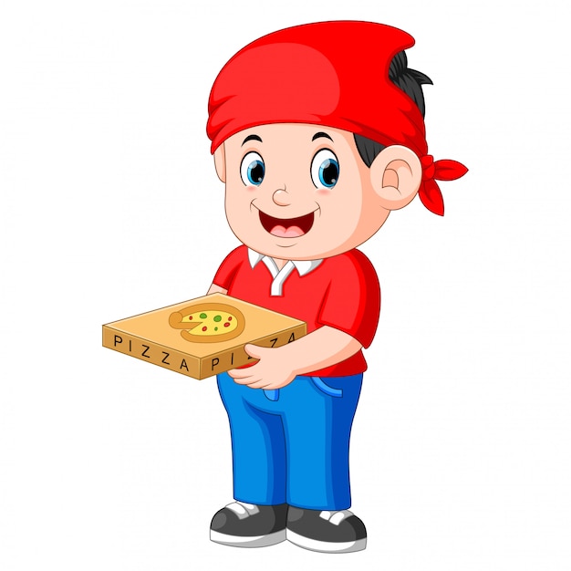 Cheerful guy from delivery service in red t-shirt and holding pizza boxes