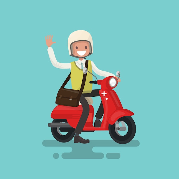 Vector cheerful guy rides a motorbike illustration