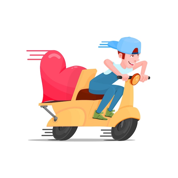 Vector cheerful guy on a scooter, a delivery man of hearts.