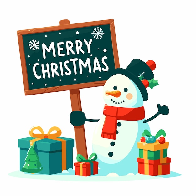 Vector cheerful hand drawn flat snowman with merry christmas written on board vector illustrations