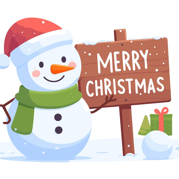 Vector cheerful hand drawn flat snowman with merry christmas written on board vector illustrations