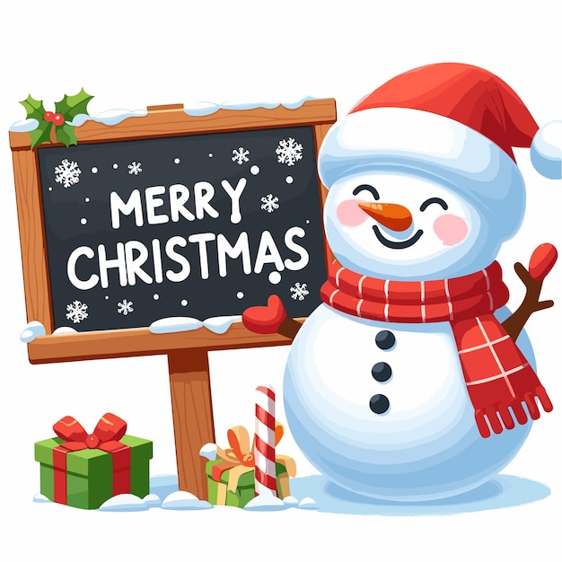 Vector cheerful hand drawn flat snowman with merry christmas written on board vector illustrations