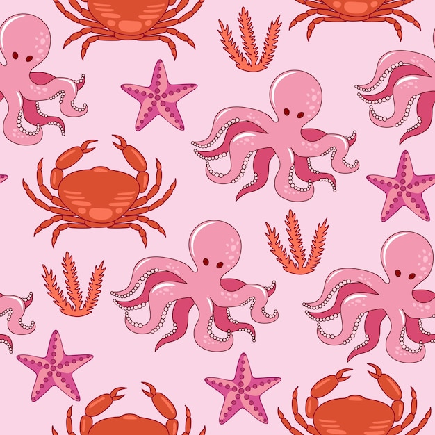 矢量的手绘无缝模式与海洋动物章鱼螃蟹和海星和海藻
