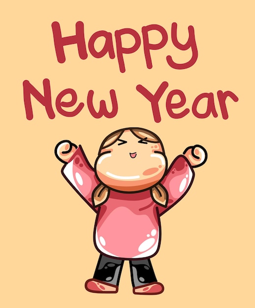 Vector cheerful happy cute girl raises her hands up on new year hand drawn cartoon art illustration vector