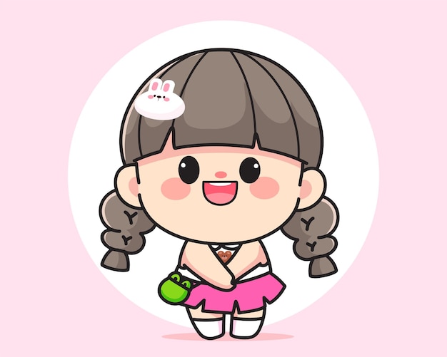 Cheerful happy cute girl standing logo hand drawn cartoon art illustration