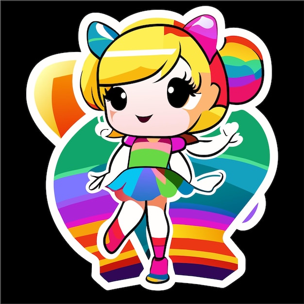 Cheerful felice ragazza carina agitando la mano alzata chibi arcobaleno adesivo dei cartoni animati