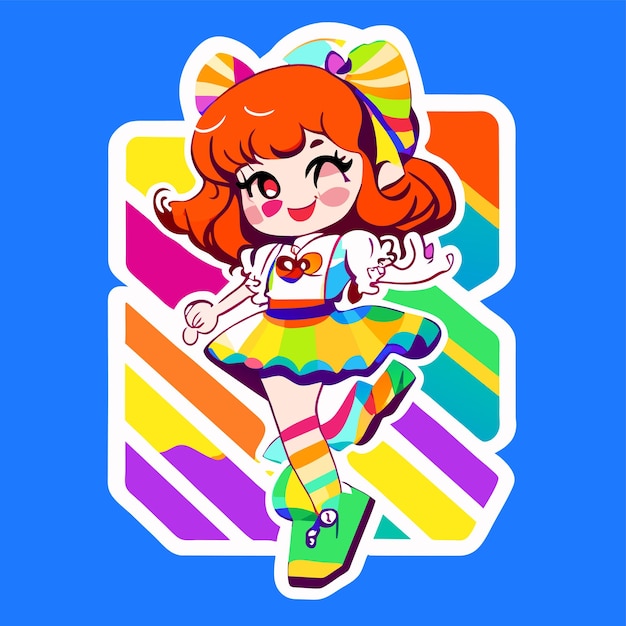 Cheerful happy cute girl waving raised hand chibi rainbow cartoon sticker