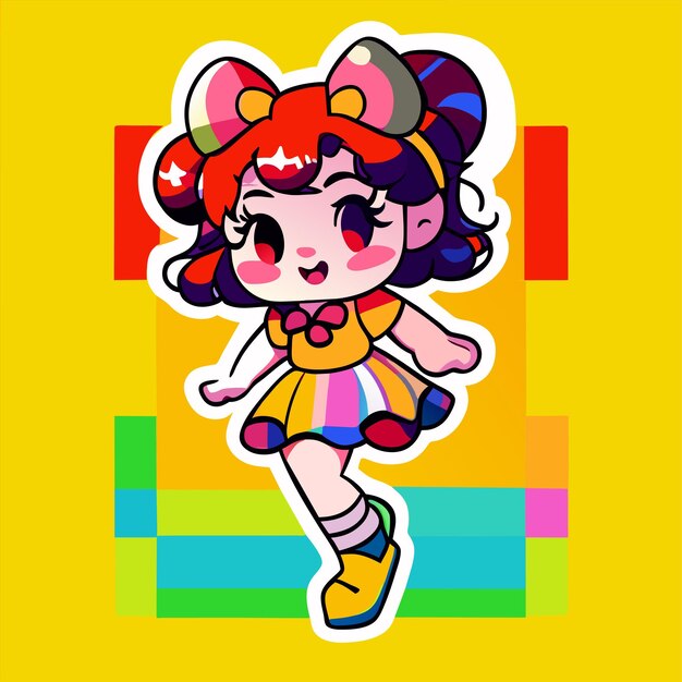 Cheerful happy cute girl waving raised hand chibi rainbow cartoon sticker