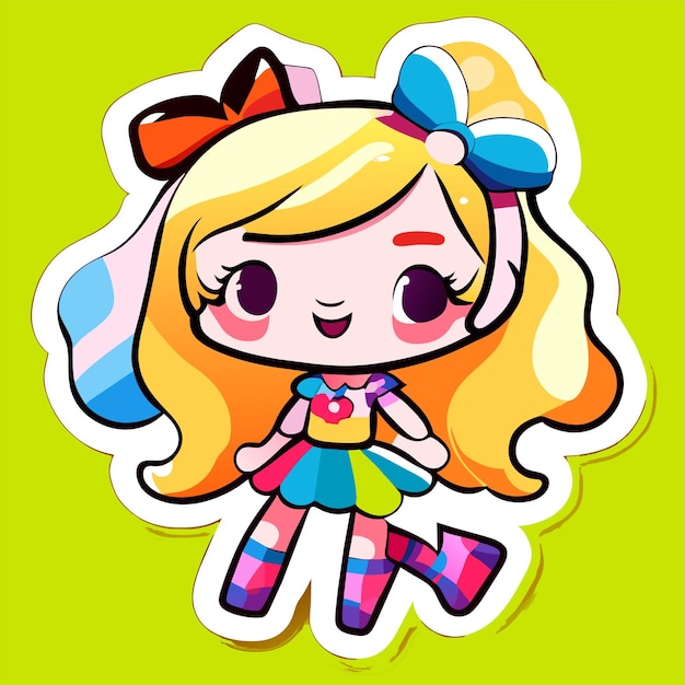 Cheerful happy cute girl waving raised hand chibi rainbow cartoon sticker