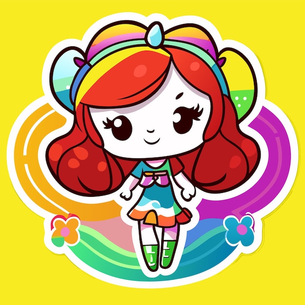 Vettore cheerful felice ragazza carina agitando la mano alzata chibi arcobaleno adesivo dei cartoni animati