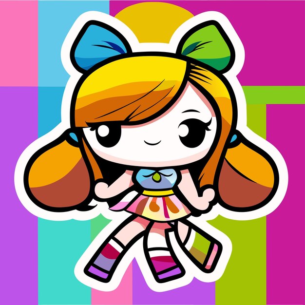 Cheerful happy cute girl waving raised hand chibi rainbow cartoon sticker