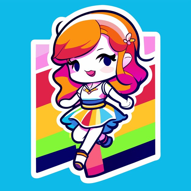 Cheerful happy cute girl waving raised hand chibi rainbow cartoon sticker