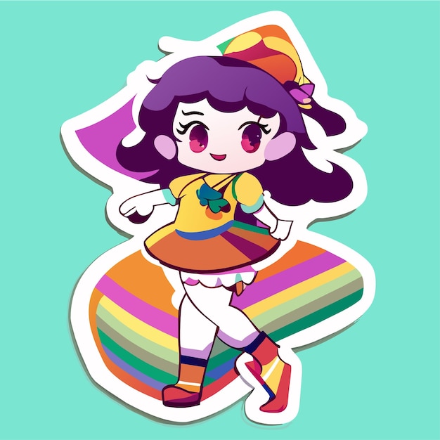 Cheerful happy cute girl waving raised hand chibi rainbow cartoon sticker