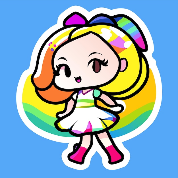 Vettore cheerful felice ragazza carina agitando la mano alzata chibi arcobaleno adesivo dei cartoni animati