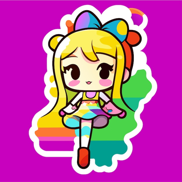 Cheerful happy cute girl waving raised hand chibi rainbow cartoon sticker