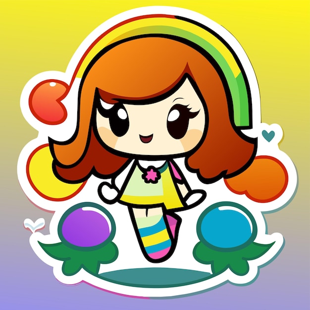 Vettore cheerful felice ragazza carina agitando la mano alzata chibi arcobaleno adesivo dei cartoni animati