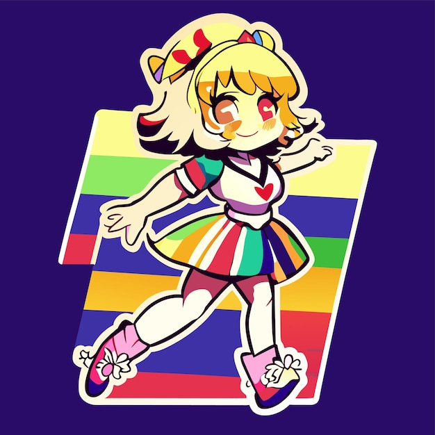 Cheerful happy cute girl waving raised hand chibi rainbow cartoon sticker