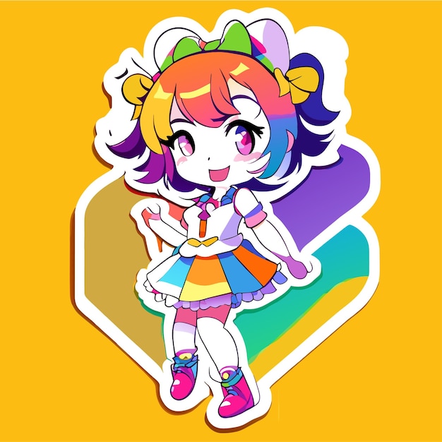 Cheerful happy cute girl waving raised hand chibi rainbow cartoon sticker