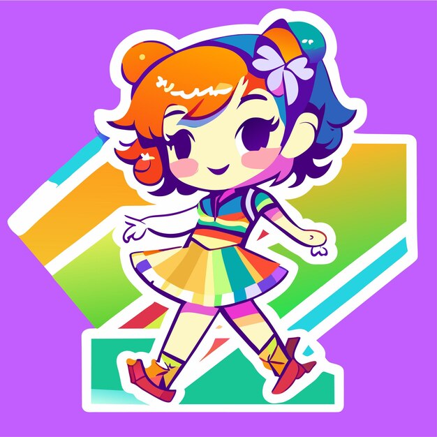 Cheerful happy cute girl waving raised hand chibi rainbow cartoon sticker