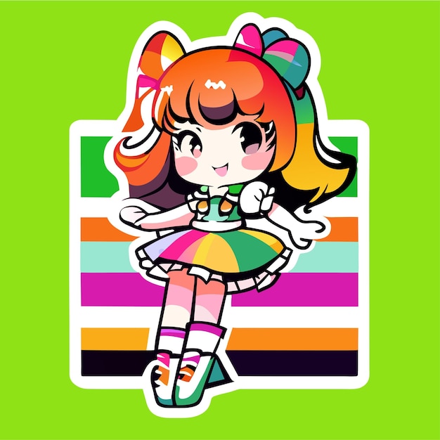 Cheerful happy cute girl waving raised hand chibi rainbow cartoon sticker