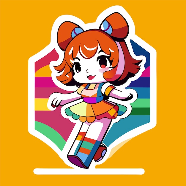 Cheerful happy cute girl waving raised hand chibi rainbow cartoon sticker