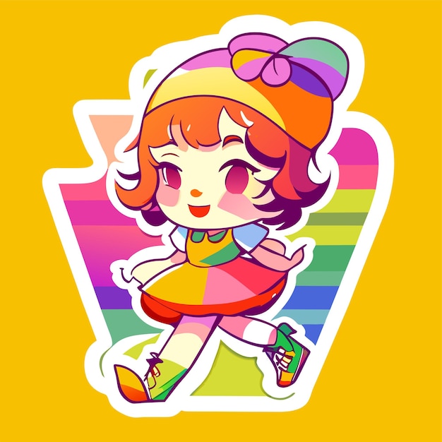 Cheerful happy cute girl waving raised hand chibi rainbow cartoon sticker