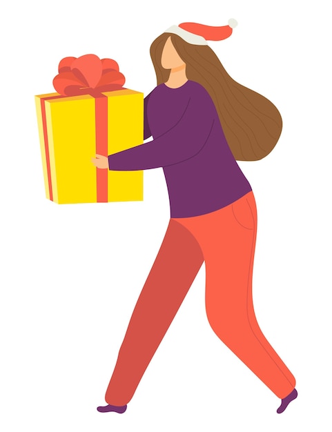 Cheerful happy woman character hold christmas gift box female walk xmas hat cartoon vector